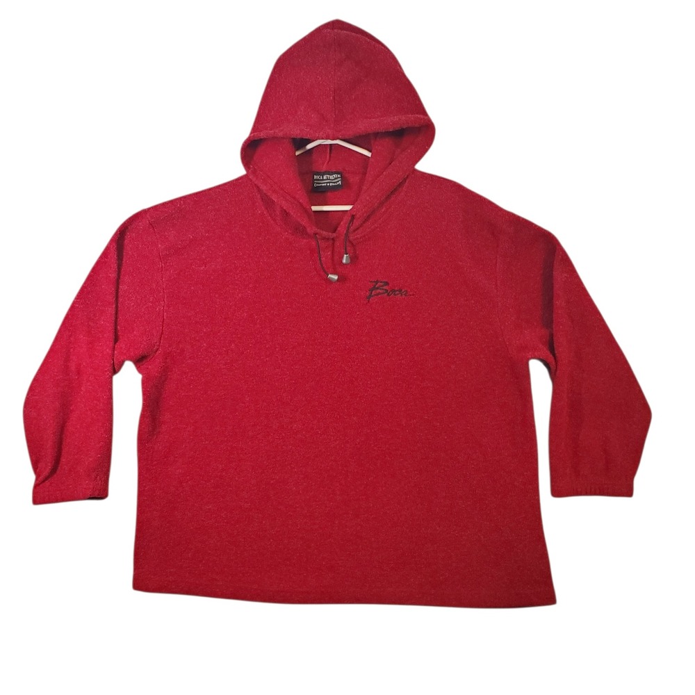 Boca Authentic Mens Red Fleece Pullover Hoodie Embroidered Logo Sz Large Vintage